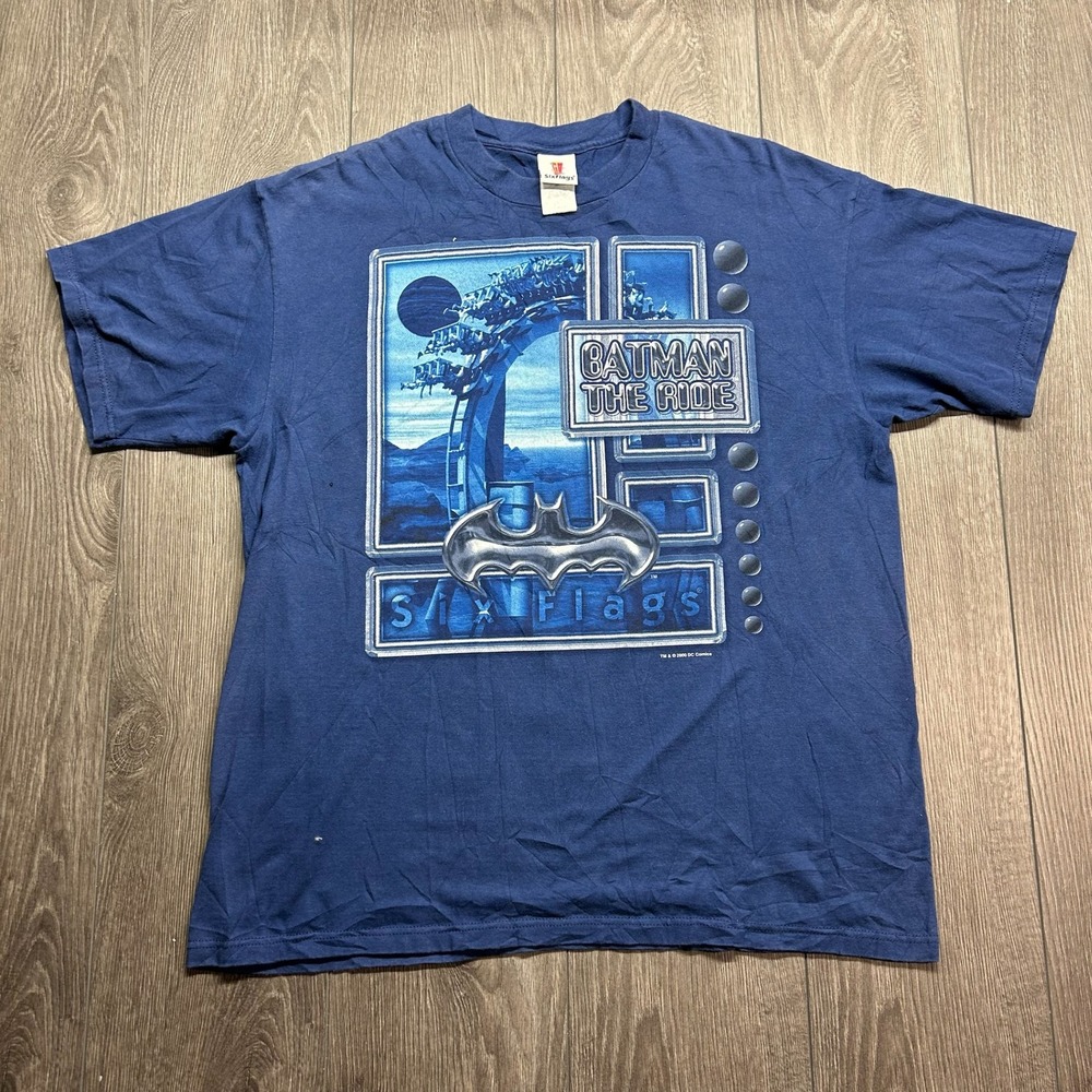 Vintage 2000 Six Flags Batman The Ride T Shirt Navy Blue Mens XL Made in USA
